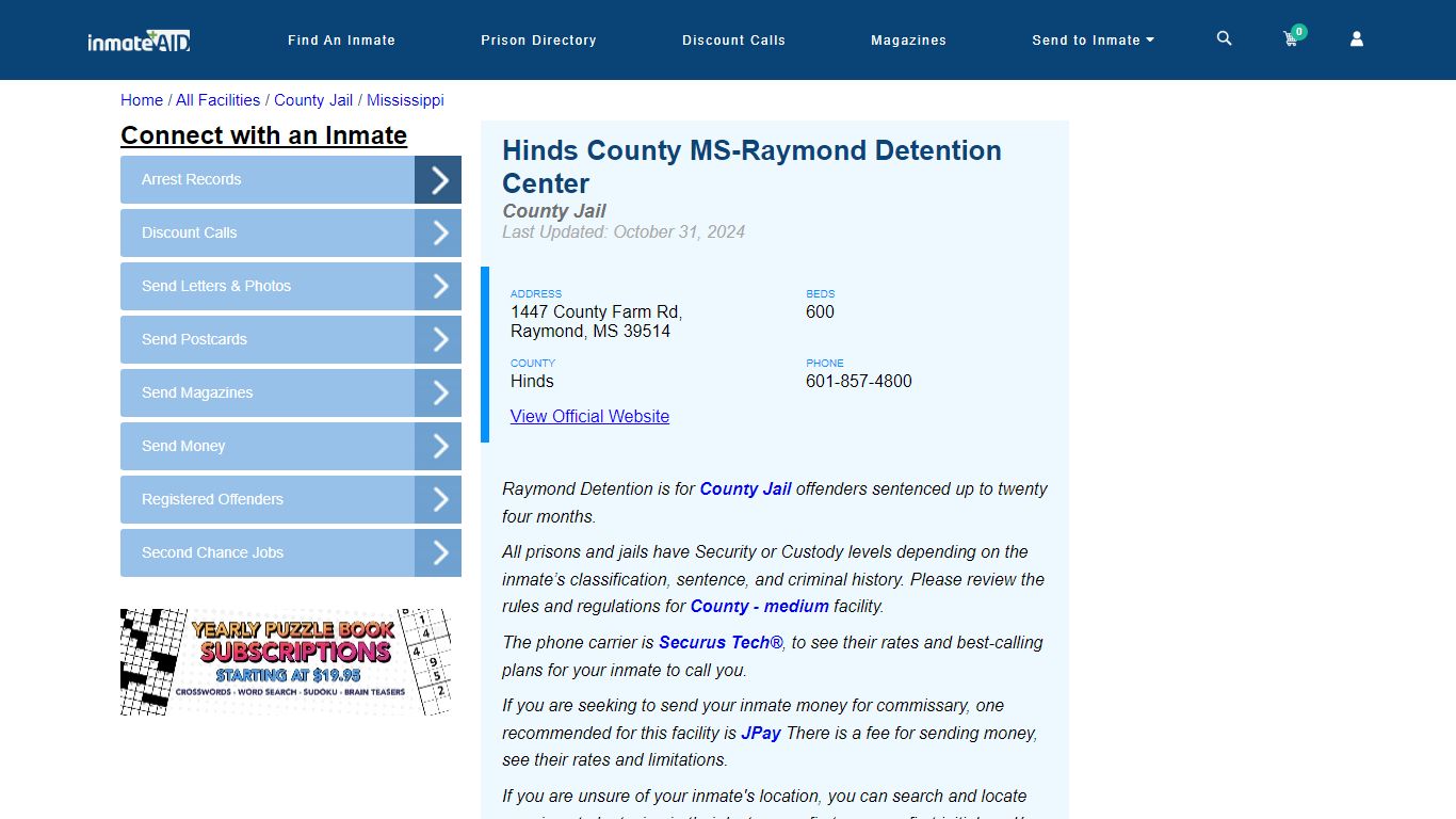 Hinds County MS-Raymond Detention Center - Inmate Locator